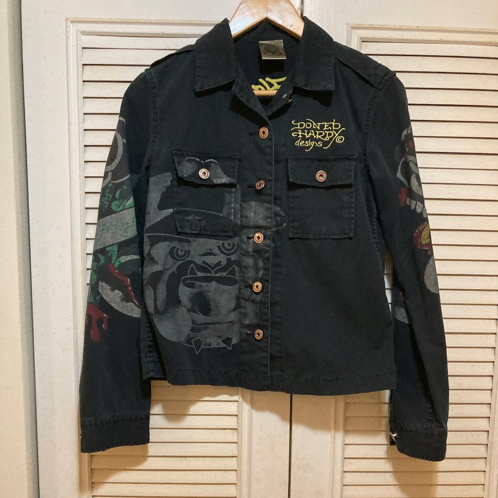 Ed Hardy Bulldog black denim jacket, EUC